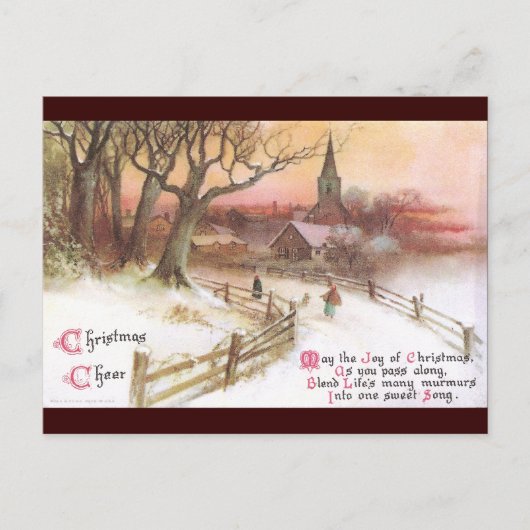 冬の夕暮れ時の小さな町と教会 ポストカード (正面)