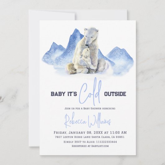 冬の外で寒いシロクマの赤ちゃんシャワー 招待状 (正面)