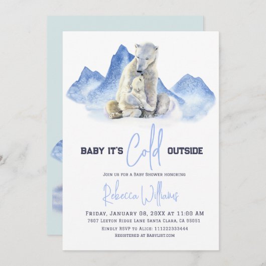 冬の外で寒いシロクマの赤ちゃんシャワー 招待状 (正面/裏面)