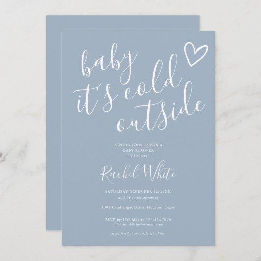 冬の外で寒い赤ちゃんシャワーほこりっぽい青 招待状 (正面/裏面)