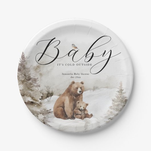 冬の外の寒い森林中性ベビーシャワー ペーパープレート (正面)