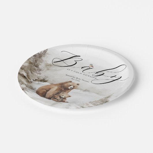 冬の外の寒い森林中性ベビーシャワー ペーパープレート (アングル)