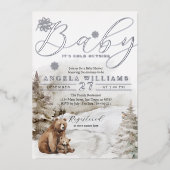 冬の外の寒い森林中性ベビーシャワー 箔招待状 (正面)