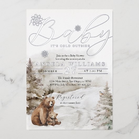冬の外の寒い森林中性ベビーシャワー 箔招待状 (正面)