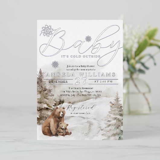 冬の外の寒い森林中性ベビーシャワー 箔招待状 (立ち正面)