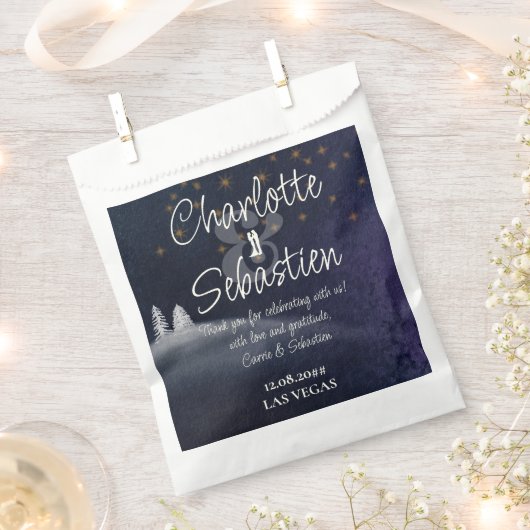 冬の夜と松のモダン木の水の色結婚の フェイバーバッグ (クリップ留めされた状態)