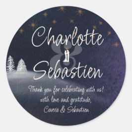 冬の夜と松のモダン木の水の色結婚の ラウンドシール