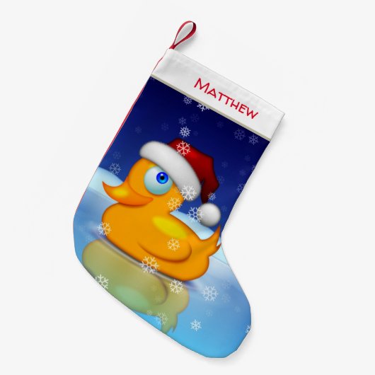 冬の夜にサンタハットをかぶったかわいいクリスマスアヒル スモールクリスマスストッキング (正面 (吊り時))