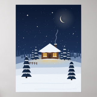 冬の夜のキャビン クリスマス 星空と雪のポスター ポスター