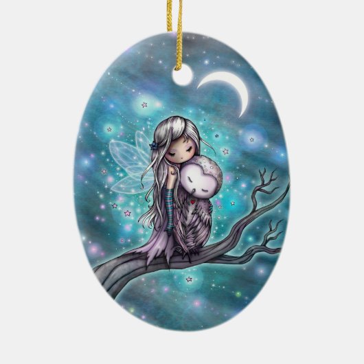 冬の夜の妖精とフクロウのファンタジーアート セラミックオーナメント (裏面)