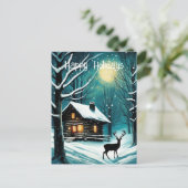 冬の夜の森のログキャビン鹿クリスマス シーズンポストカード (スタンド正面)