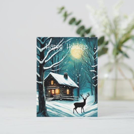 冬の夜の森のログキャビン鹿クリスマス シーズンポストカード (スタンド正面)