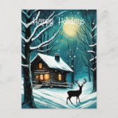 冬の夜の森のログキャビン鹿クリスマス シーズンポストカード (正面)