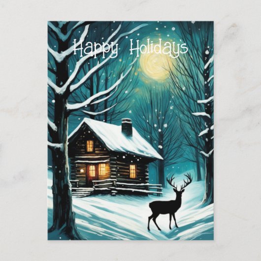冬の夜の森のログキャビン鹿クリスマス シーズンポストカード (正面)