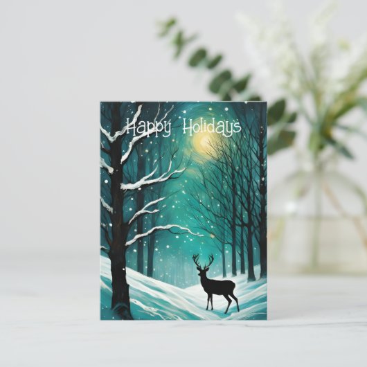 冬の夜の森の鹿のクリスマス シーズンポストカード (スタンド正面)