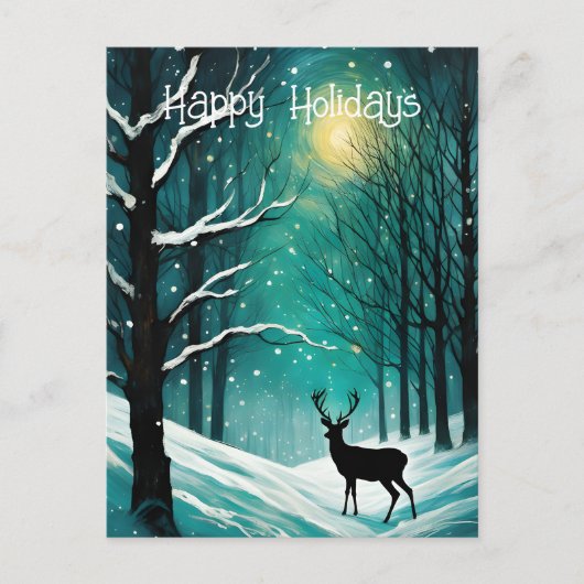 冬の夜の森の鹿のクリスマス シーズンポストカード (正面)