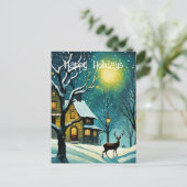 冬の夜の森フルムーンキャビン鹿のクリスマス シーズンポストカード (スタンド正面)