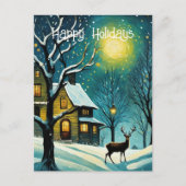 冬の夜の森フルムーンキャビン鹿のクリスマス シーズンポストカード (正面)