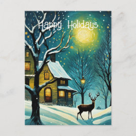 冬の夜の森フルムーンキャビン鹿のクリスマス シーズンポストカード