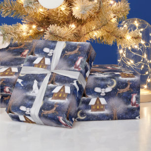 冬の夜の森林動物の自然クリスマス ラッピングペーパー
