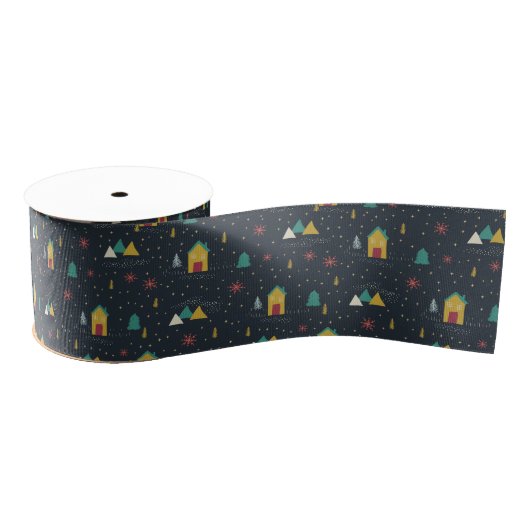 冬の夜の雪が小さな家に踊る グログランリボン (リール)