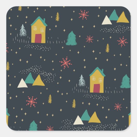 冬の夜の雪が小さな家に踊る スクエアシール (正面)