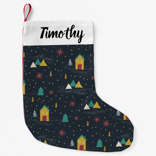 冬の夜の雪が小さな家に踊る スモールクリスマスストッキング (正面)
