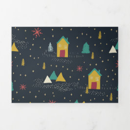 冬の夜の雪が小さな家に踊る 三つ折りクリスマスカード