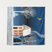 冬の夜景こぢんまりした家、いろんな木々。 タペストリー (正面(横))