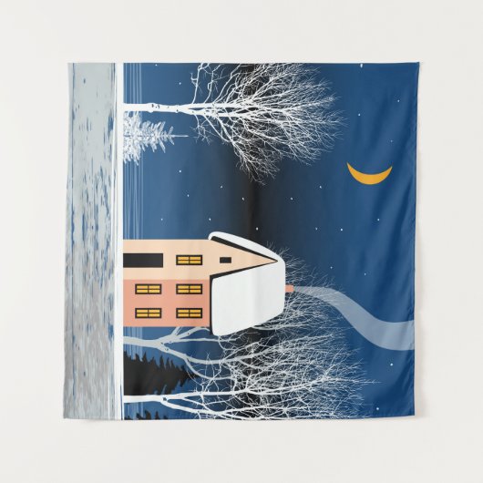 冬の夜景こぢんまりした家、いろんな木々。 タペストリー (正面(横))