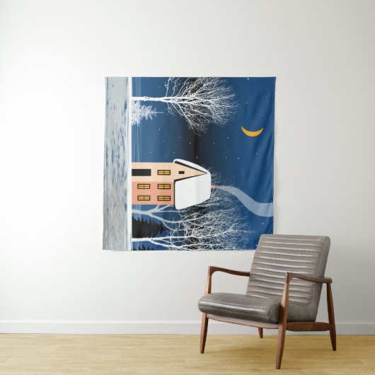 冬の夜景こぢんまりした家、いろんな木々。 タペストリー (インサイチュ(横))