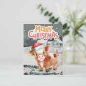 冬の夜景にサンタ帽をかぶった牛 シーズンポストカード (スタンド正面)