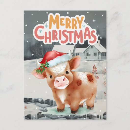 冬の夜景にサンタ帽をかぶった牛 シーズンポストカード (正面)