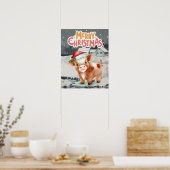 冬の夜景にサンタ帽をかぶった牛 ポスター (キッチン)