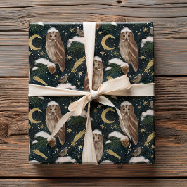 冬の夜空に浮かぶフクロウのクリスマスパターン ラッピングペーパー