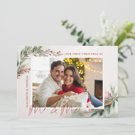 冬の夢の緑の写真初めてのクリスマスミセス シーズンカード (スタンド正面)