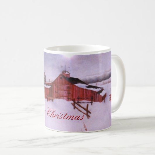 冬の大雪コーヒーマグの赤い納屋と農場 コーヒーマグカップ (正面右)