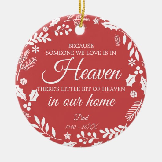 冬の天国の葉のリース写真赤 セラミックオーナメント (正面)