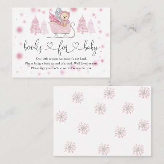 冬の女の子のクマの本ベビー囲いカード エンクロージャーカード (正面/裏面)