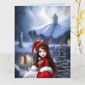 冬の女の子の雪ファンタジー誕生日カード カード (黄色い花)