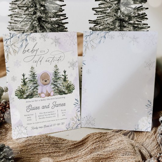 冬の女の子テディベア雪片ベビーシャワー 招待状