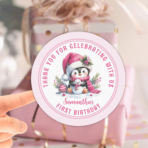 冬の女の子1st誕生日かわいいペンギンありがとう ラウンドシール