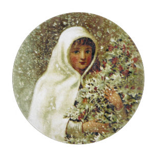 冬の女ビクトリアンの子ホリーベリーの雪 カッティングボード