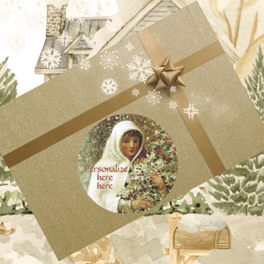 冬の女ビクトリアンの子ホリーベリースノーホワイトグリーン ラウンドシール