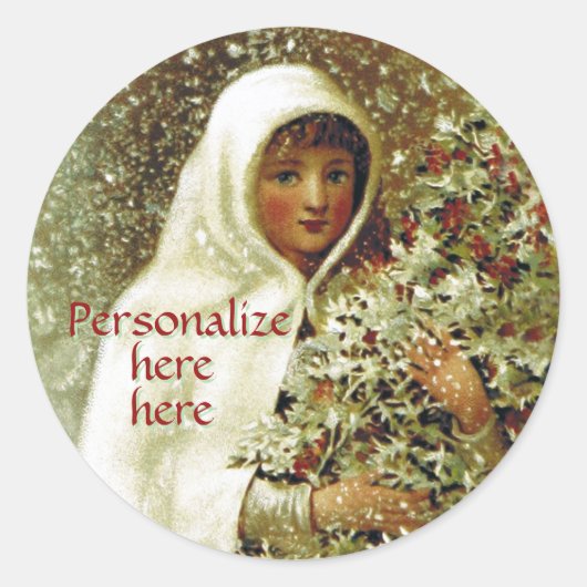 冬の女ビクトリアンの子ホリーベリースノーホワイトグリーン ラウンドシール (正面)