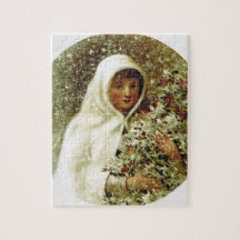 冬の女ビクトリアンの子ホリーベリーブランチ雪