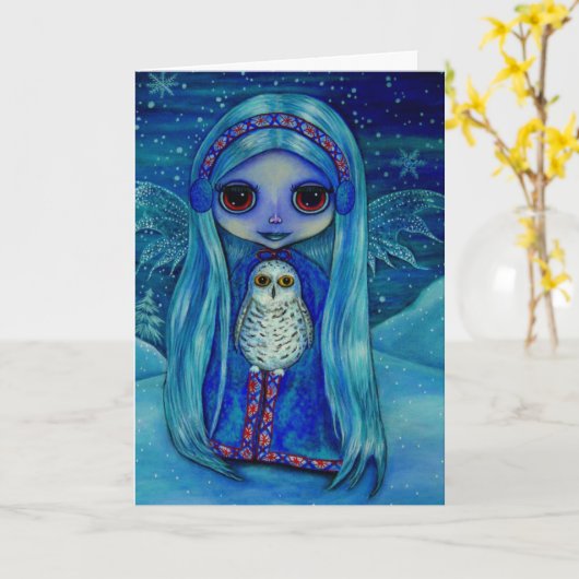 冬の妖精とイヤーマフとスノーフクロウの友人 カード (黄色い花)
