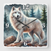冬の威厳のある森の中の白いオオカミ スクエア壁時計 (正面)