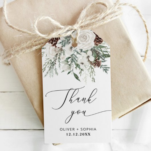 冬の季節の緑豊かなウェディング フェスティブ ギフトタグ