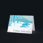 冬の孤狼 - クリスマス カード<br><div class="desc">オオカミ（Canis lupus）が、 stylizedされた青みがかったモノクロのイメージの、雪の白い樺の木と山々を通り抜けていく。ドイツ語の「Fröhliche Weihnachten」（メリークリスマス）も表示されている。 そこにあなた自身のテキストを追加してください。</div>